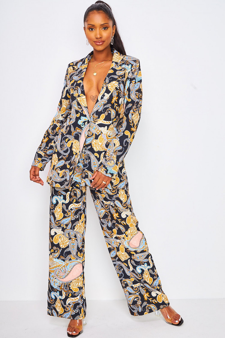 Ensemble noir paisley blazer + pantalon ceinturé