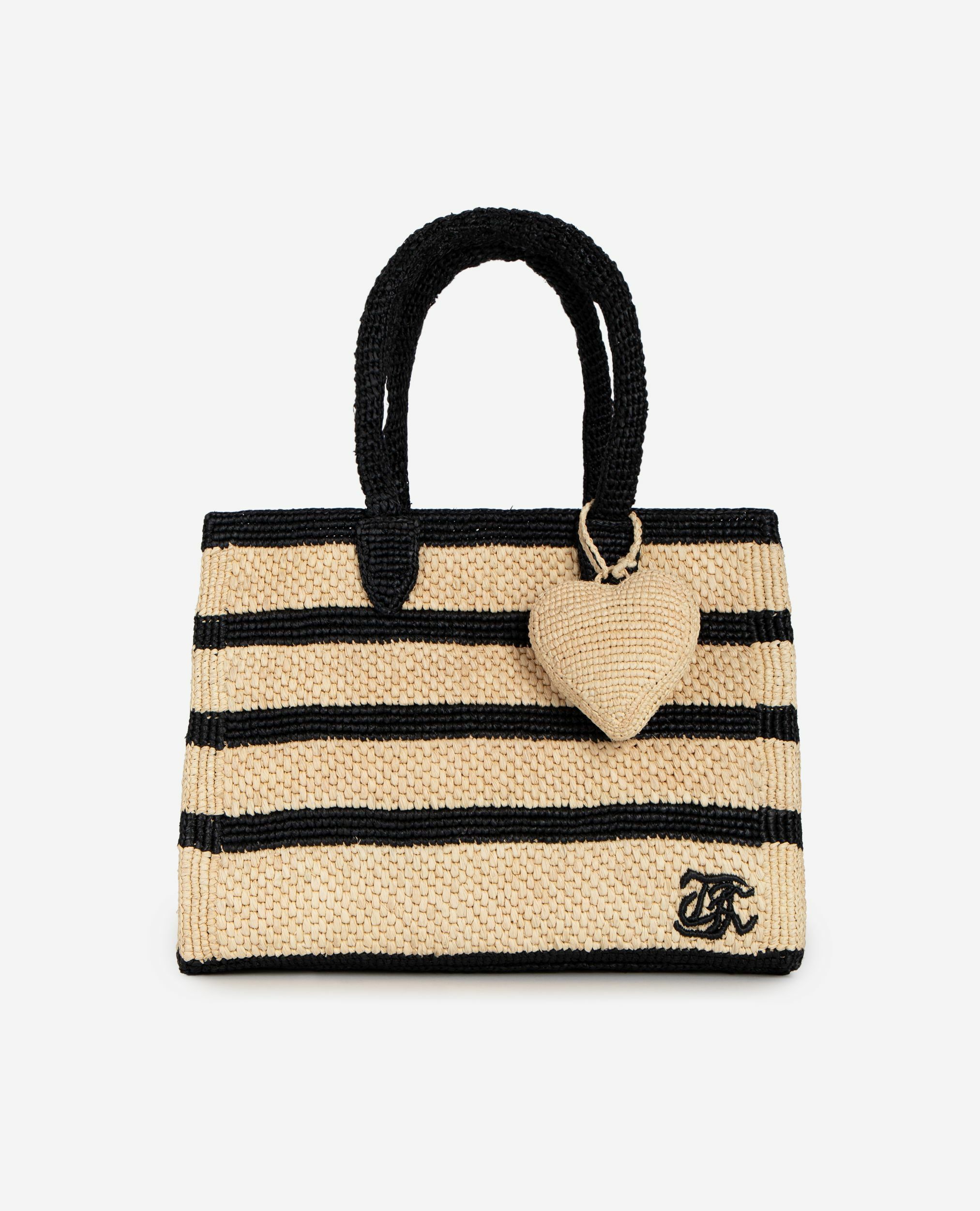 Sac cabas en raphia noir et écru