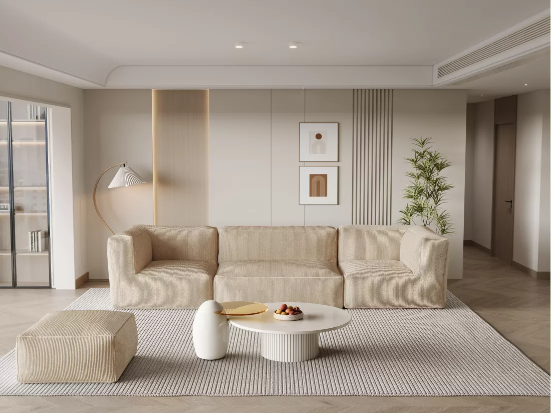 Canapé modulable avec pouf en velours côtelé beige NOUMARA