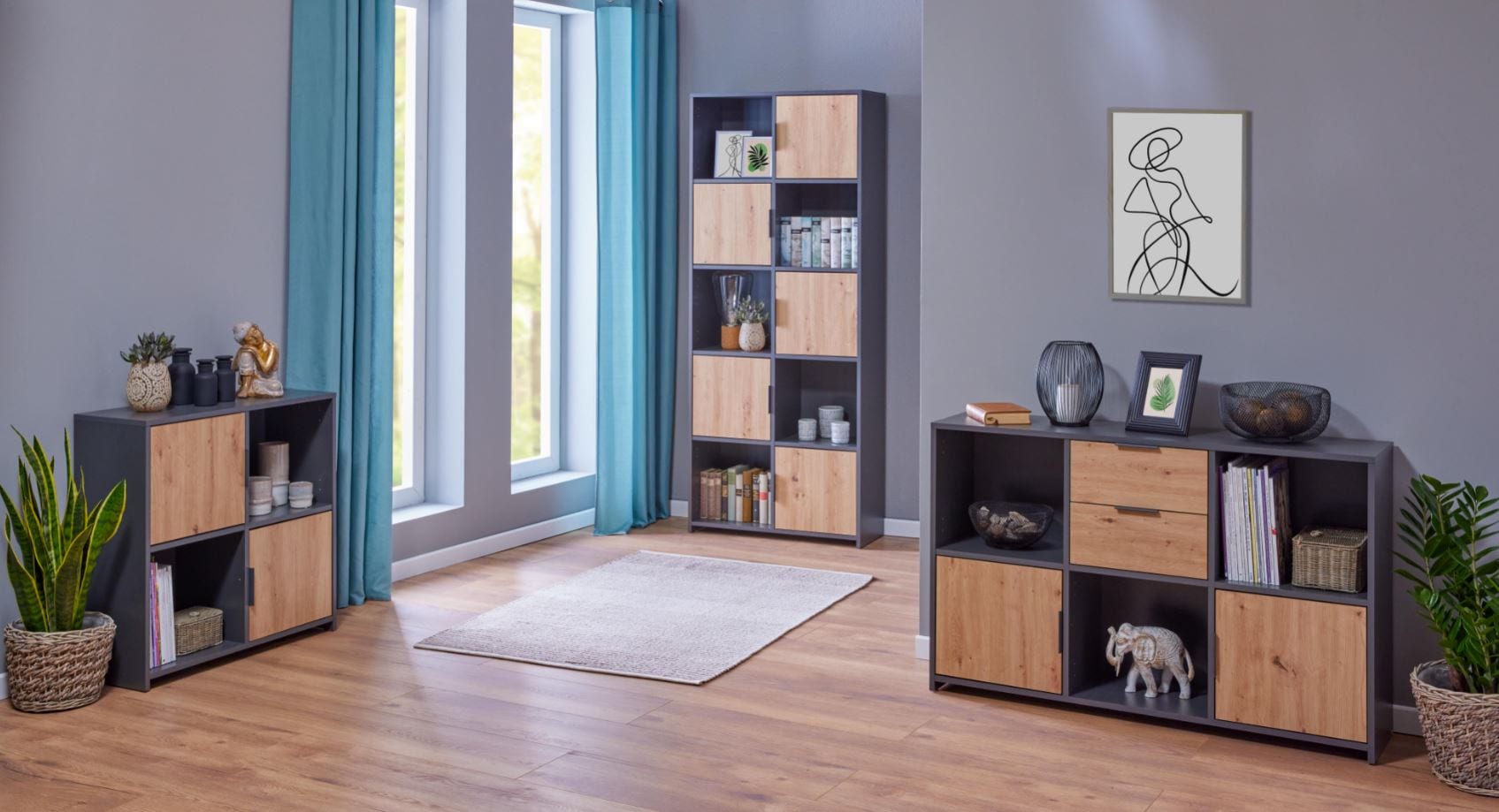 Inter Link Kommode Bücherregal Pepeto - Anthrazit und Eiche Artisan Nachbildung