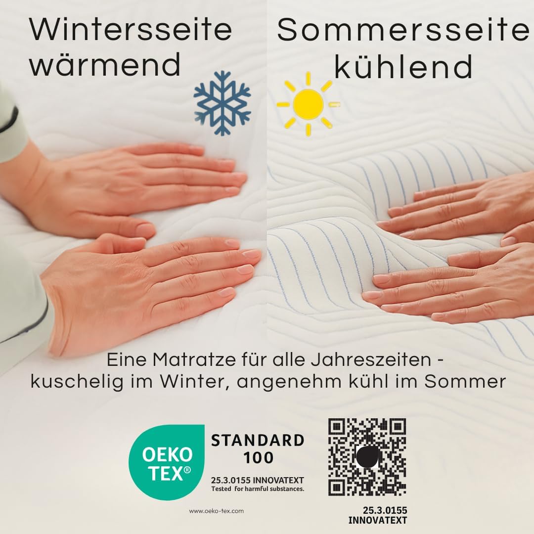 7-Zonen Taschenfederkernmatratze 90x190 cm – 18 cm hoch, All in One, punktelastisch & atmungsaktiv, Sommer-/Winterseite, Bezug abnehmbar & 60 °C waschbar, Zertifiziert