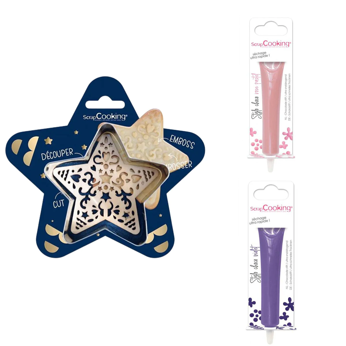 Kit pour biscuit en relief Étoile + 2 Stylos au chocolat rose pastel e