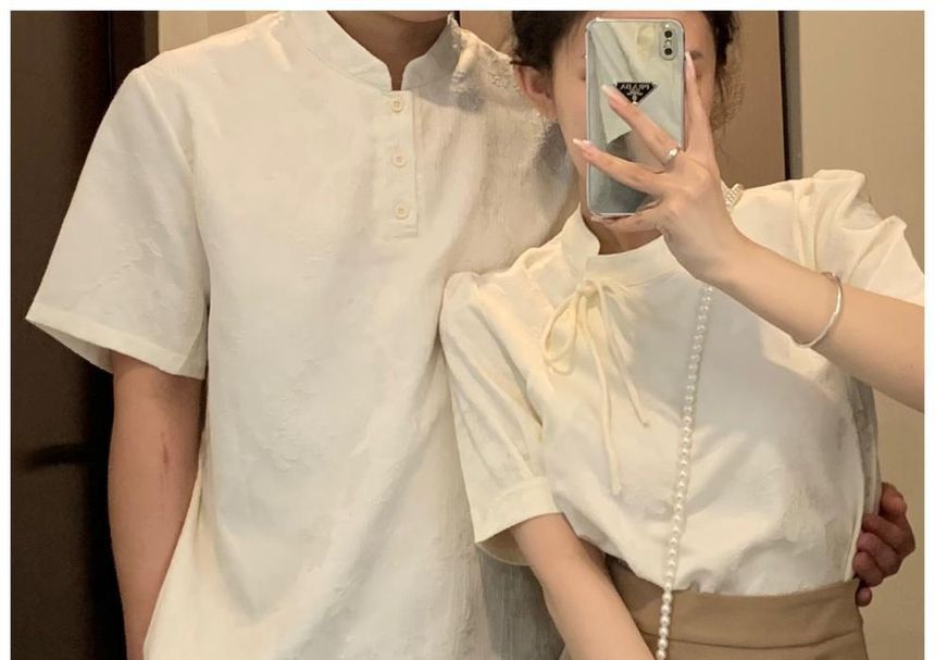 Azure - Matching paar korte mouwen effen poloshirt / hoge taille effen shorts / pofmouw blouse met strik / hoge taille effen mini A-lijn rok