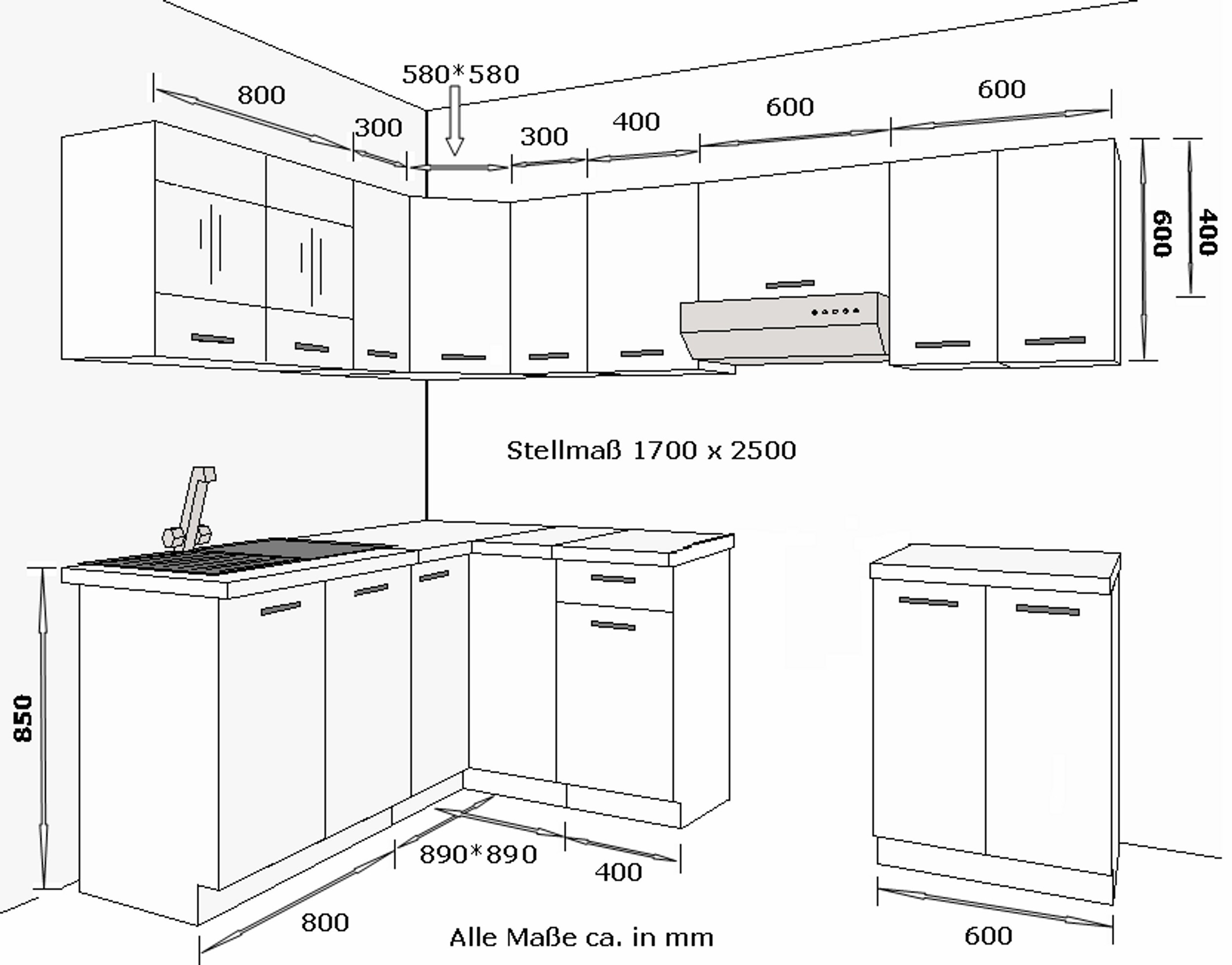 Eckküche Küche Omega 170x250 cm Küchenzeile Küchenblock Winkelküche Schwarz Weiß