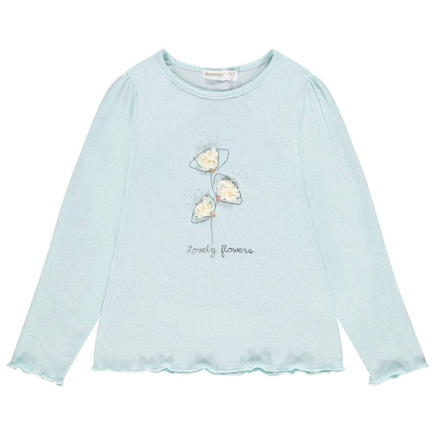 T-shirt manches longues côtelé à print ludique pour enfant fille - Bleu