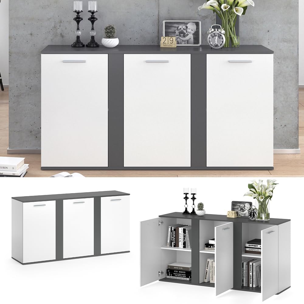 Vicco Kommode Novelli, Regal mit Türen, Anthrazit/Weiß, 155 x 80 cm mit Türen
