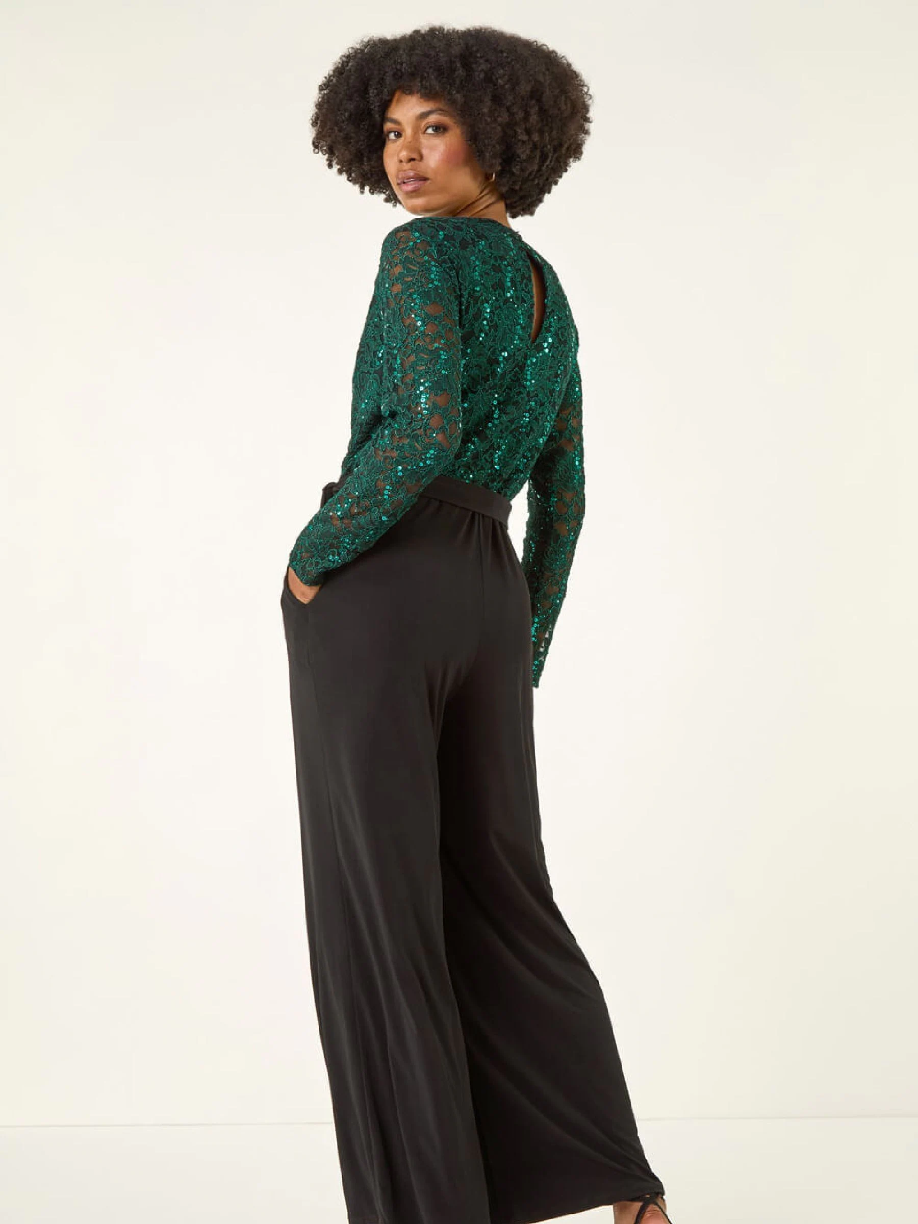 Groen - Roman Pailletten Kant V-hals stretchy Jumpsuit