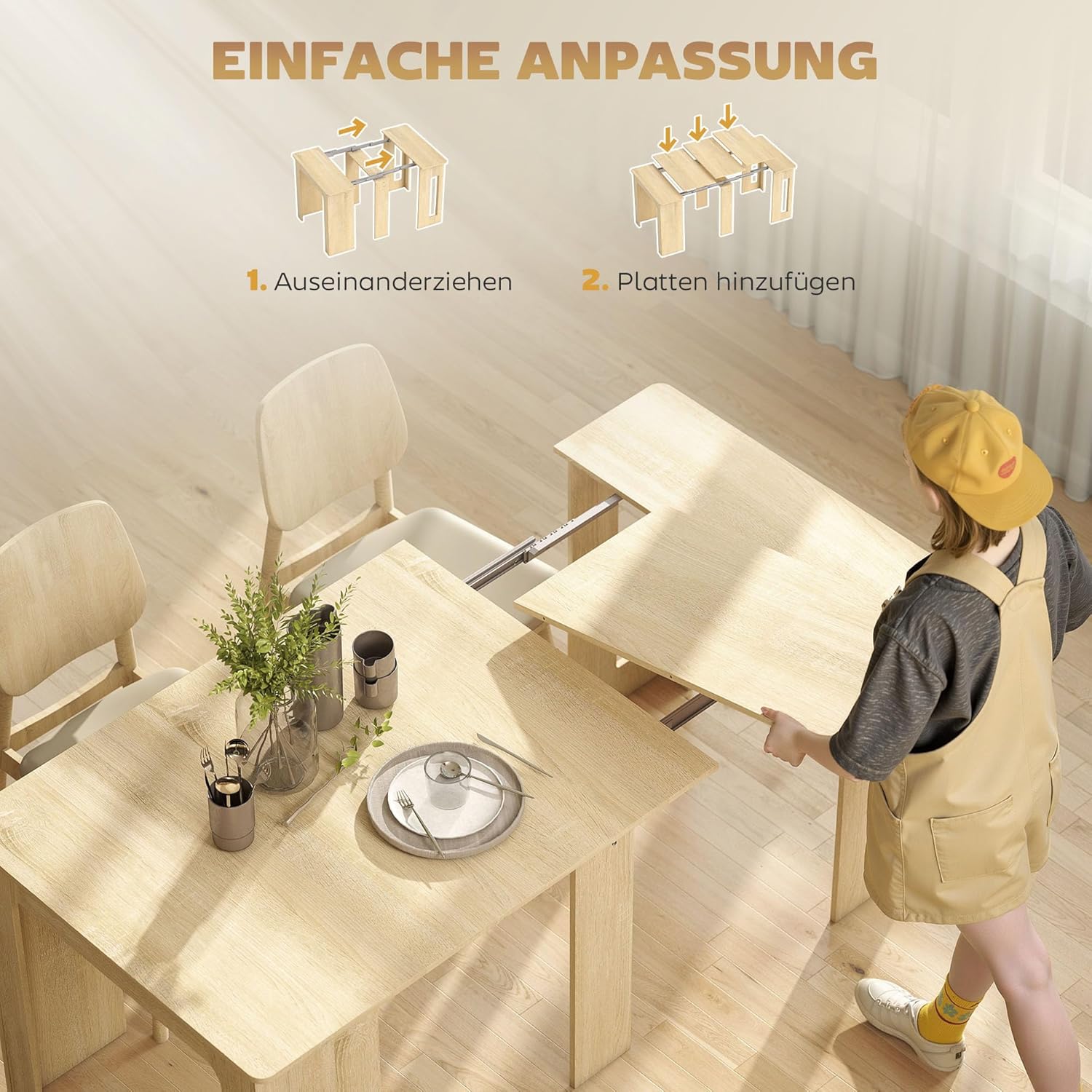 HOMCOM Esstisch, 60-180x85cm 3 Stufig Ausziehbar Küchentisch für bis 6 Personen, Modern Esszimmertisch, für Wohnzimmer, Esszimmer, Küche, Natur