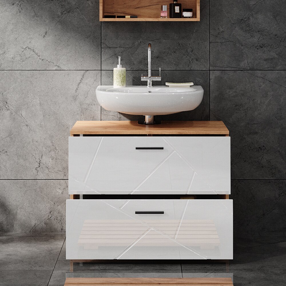 Vicco Waschtischunterschrank Waschbeckenunterschrank Irma Eiche Weiß Hochglanz modern 80x59 cm Badezimmer Schrank Badschrank Badkommode Badmöbel 2 Schubladen