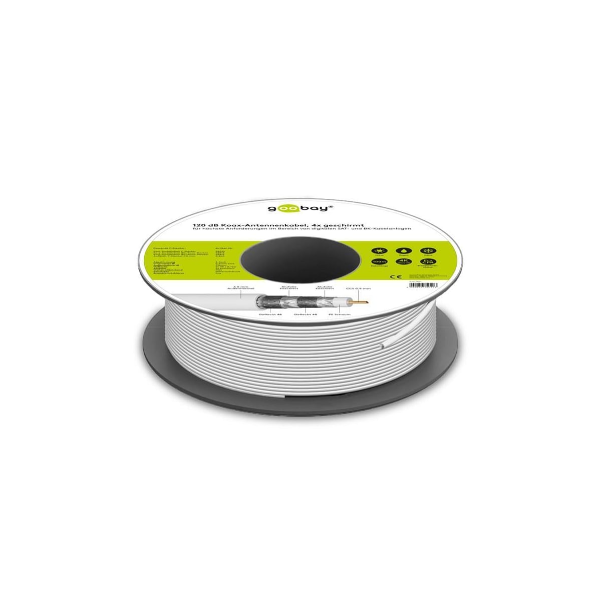 Goobay 120 dB koaksial antennekabel, 4x skjermet, CCS, hvit