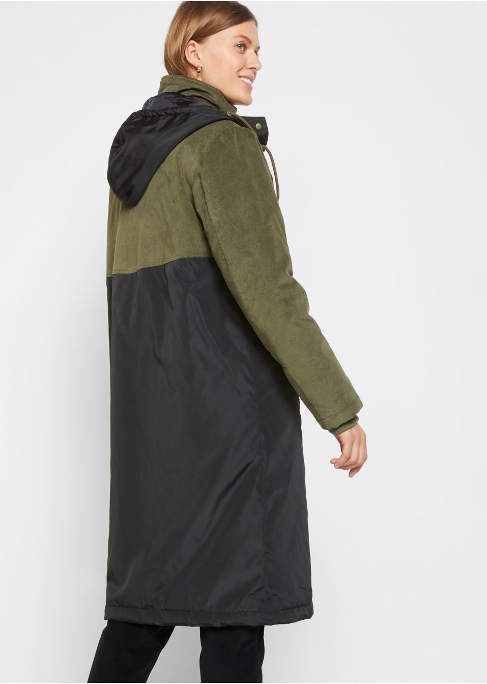 Parka longue à capuche en mélange de matières, coupe droite