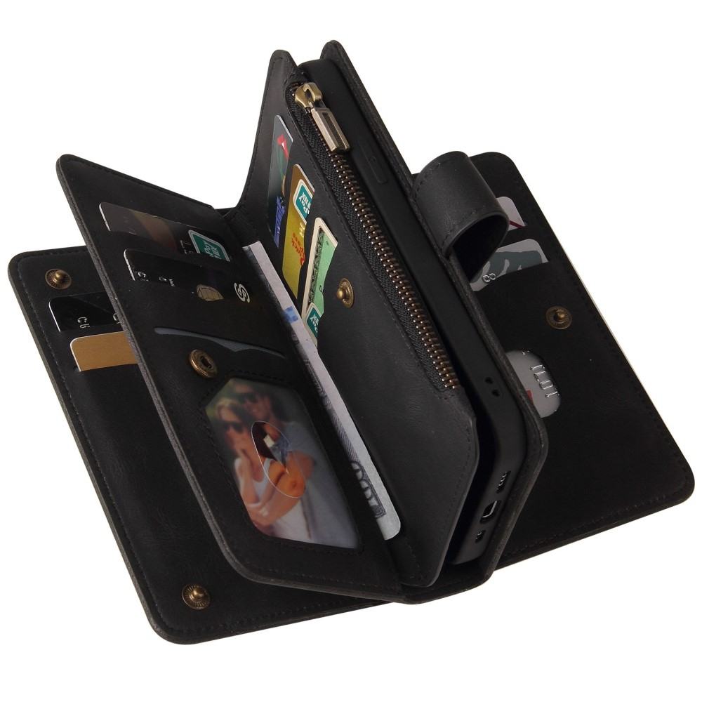 iPhone 14 Leder Wallet Etui Tasche mit 13 Kartenfächern   Münzfach - Schwarz