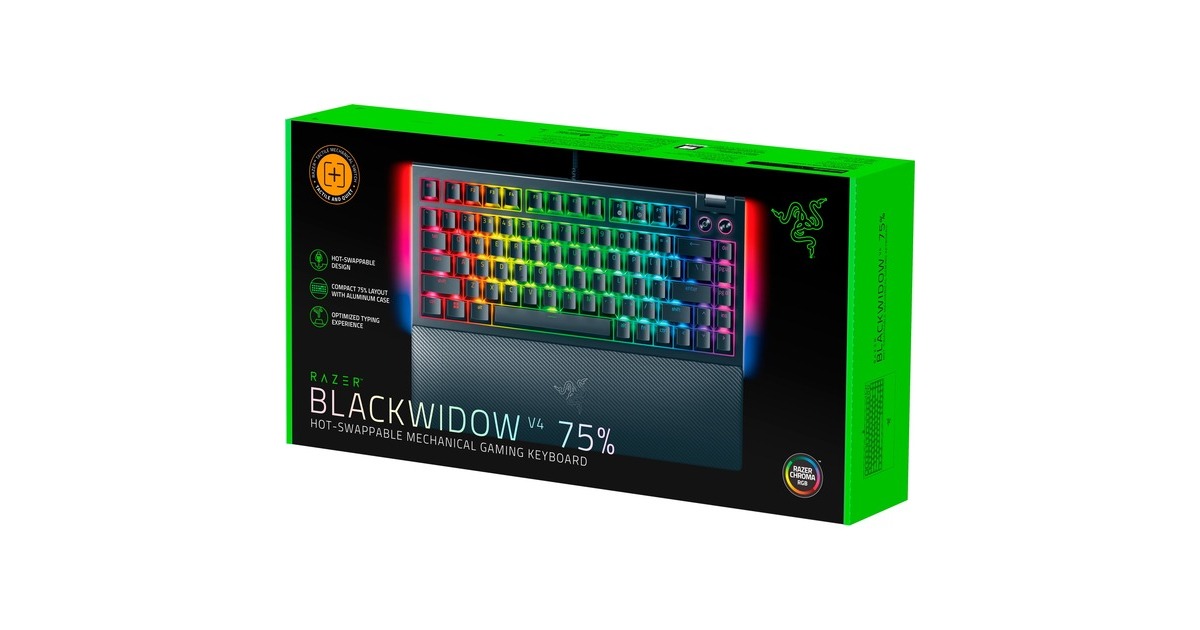 RazerBlackWidow V4 75%, gaming toetsenbord  (Zwart, US lay-out, Razer Orange, RGB leds, TKL, Doubleshot ABS, Hot-swappable)