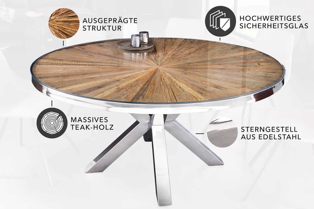 Runder Esstisch BARRACUDA 140cm braun Teak Massivholz Glas silber Edelstahl verchromt