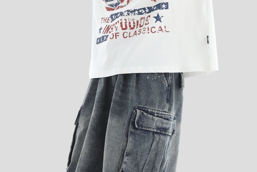 INStudio - Mid Rise Washed Ruched Capri Cargo Jeans met Wijde Pijpen