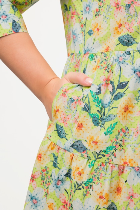 Hemdblusenkleid, Blüten, A-Linie, Hemdkragen, 3/4-Arm