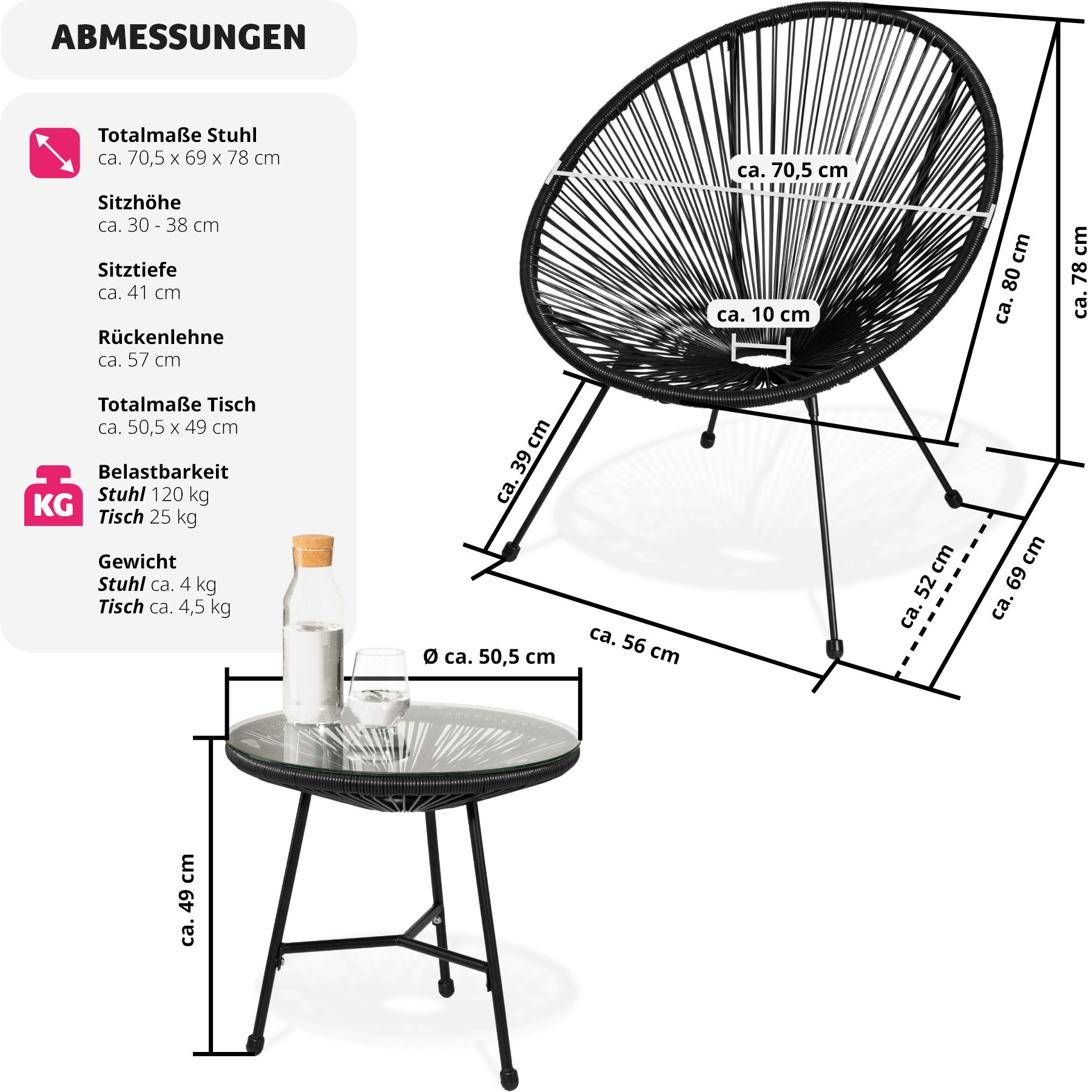 tectake® 2 Gartenstühle Santana mit Tisch, Retro-Design im Acapulco-Stil, UV-beständig, Belastbarkeit Stuhl 120 kg