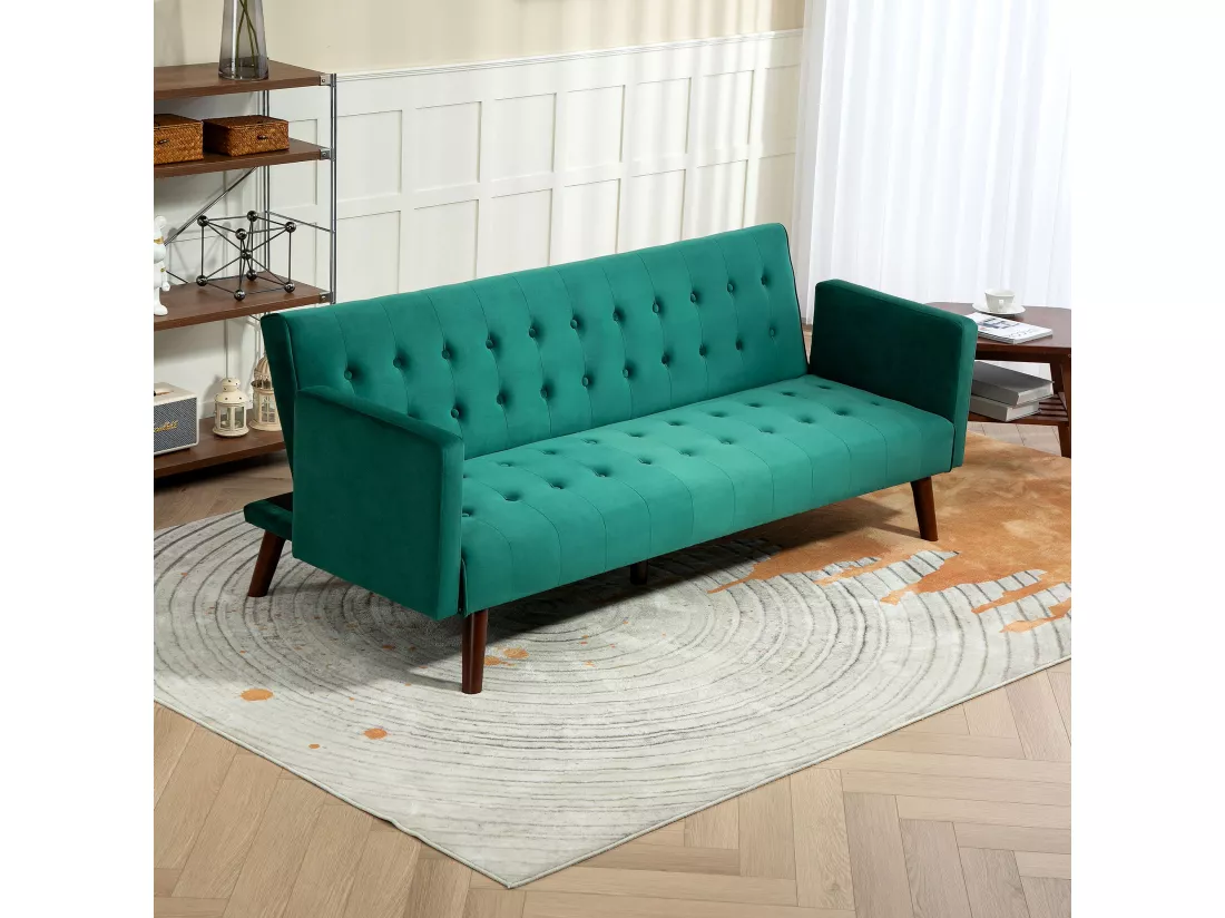 Canapé convertible 3 places design Chesterfield inclinable réglable effet capitonné velours vert turquoise