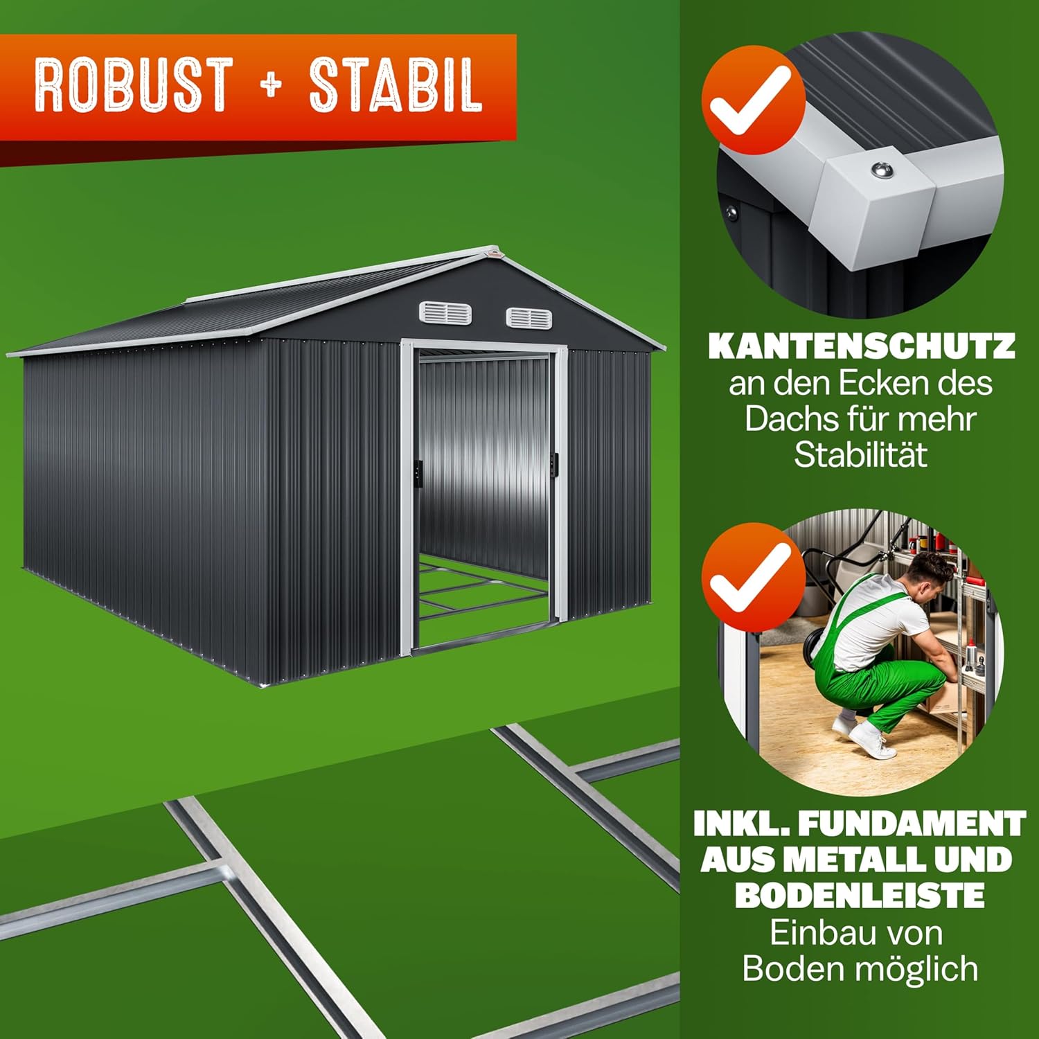 GARDEBRUK® XXXL Metall Gerätehaus 8m² mit Fundament 315x260x180cm Schiebetür Anthrazit Geräteschuppen Gartenhaus 15m³
