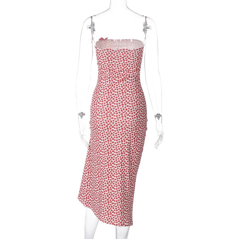 Puffields - Strapless hartprint asymmetrische strik accent split midi kokerjurk