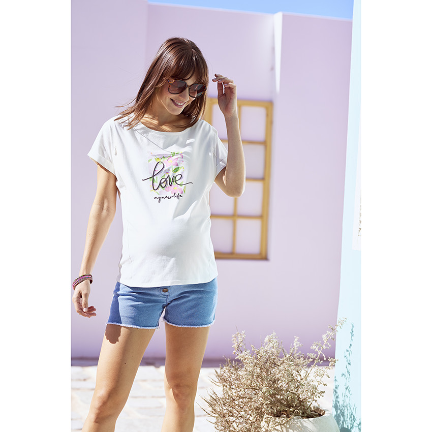 Short de grossesse en jean effet used avec bandeau haut