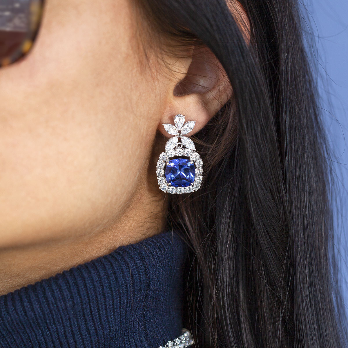 Boucles d'oreilles pendants argent 925 pierres synthétiques bleues zirconias