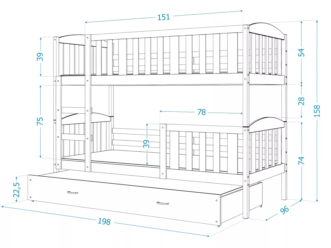 Lit superposé LUNA 90X190 cm - 2 Matelas , 2 Sommiers et Tiroir inclus Blanc