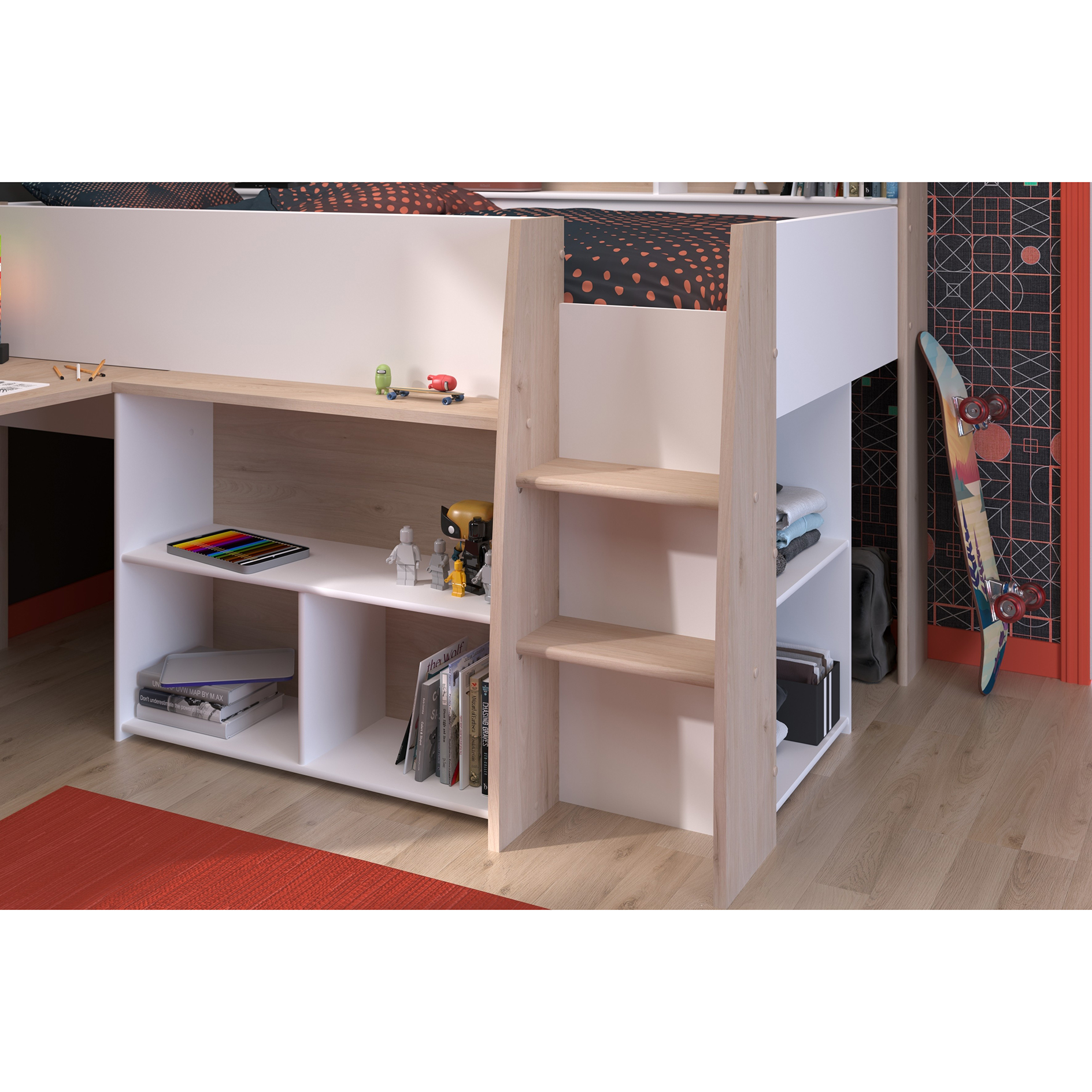Hochbett LUCAS - weiß - Japanische Eiche - mit Schreibtisch