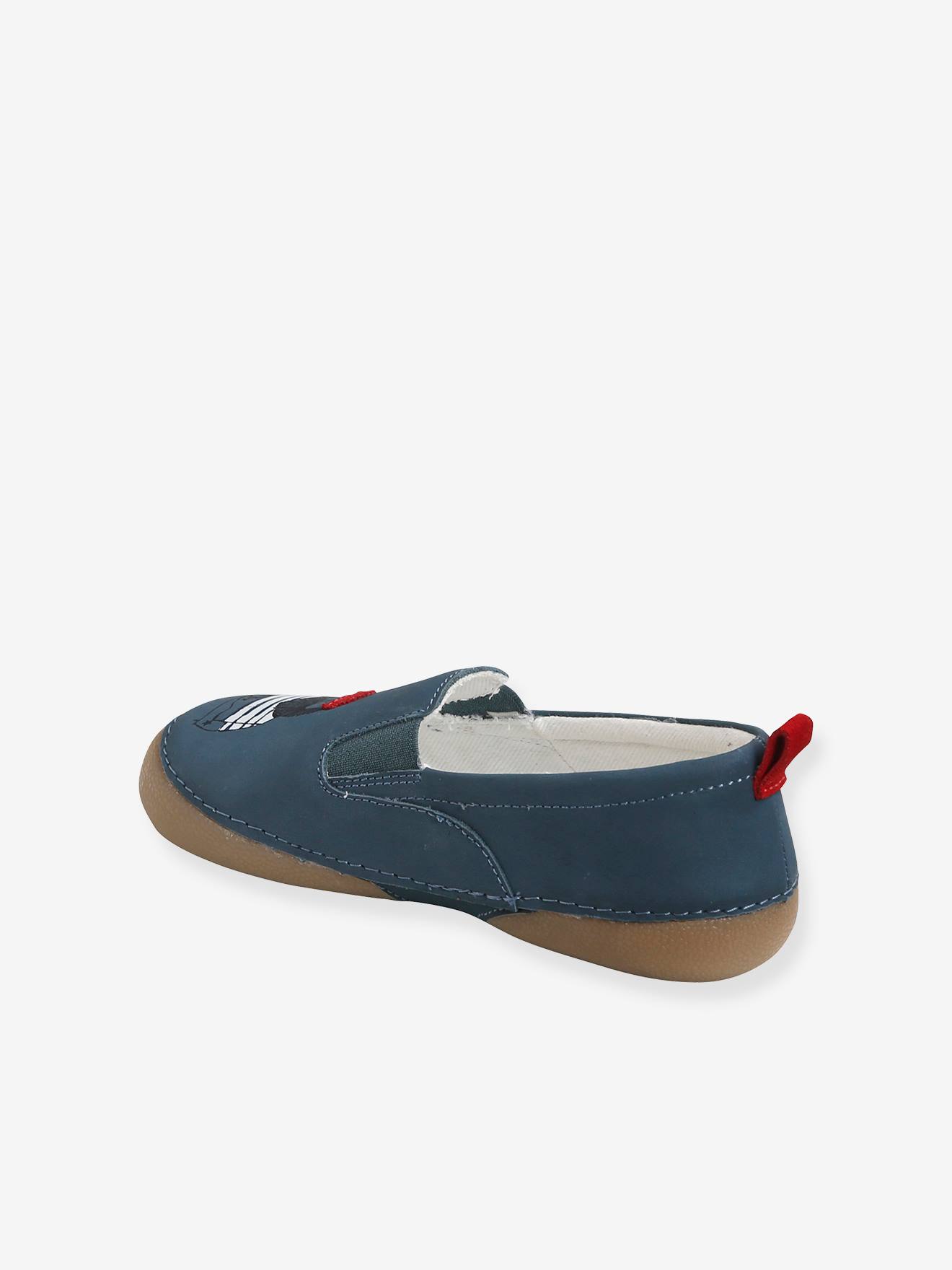Pantufas de couro elástico para meninos, lisas, azul médio com estampas.
