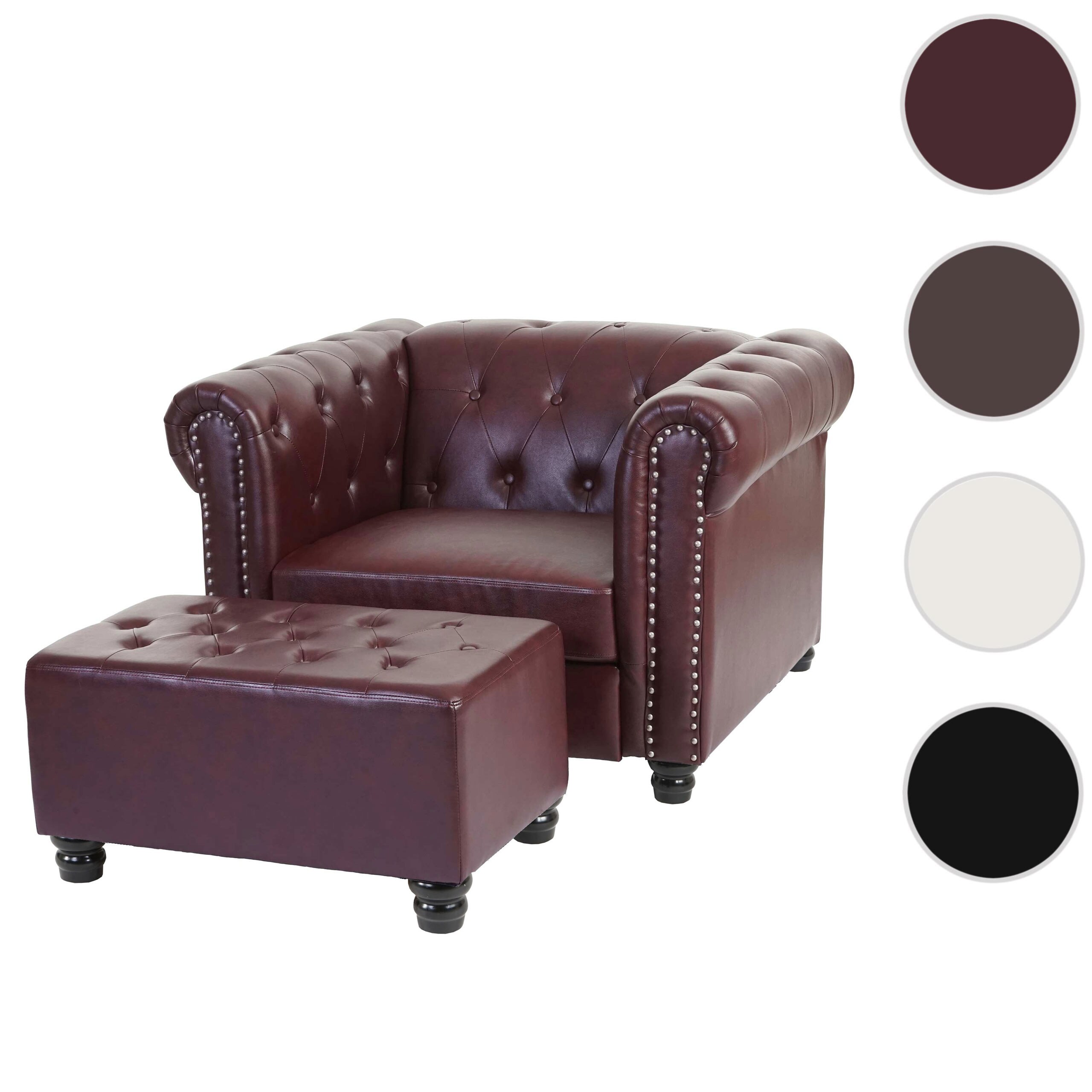 Luxus Sessel Loungesessel Relaxsessel Chesterfield Kunstleder ~ runde Füße, rot-braun mit Ottomane