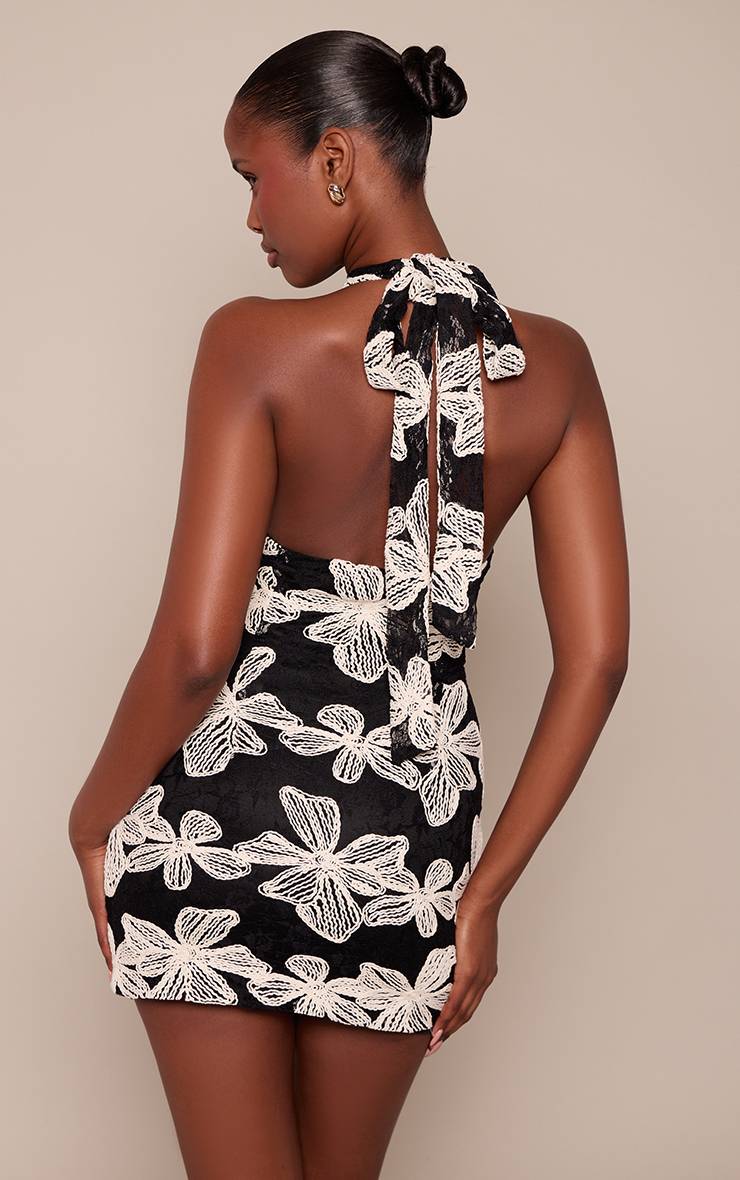 Noir Robe Moulante Mini Tissée Texturée À Motif Floral
