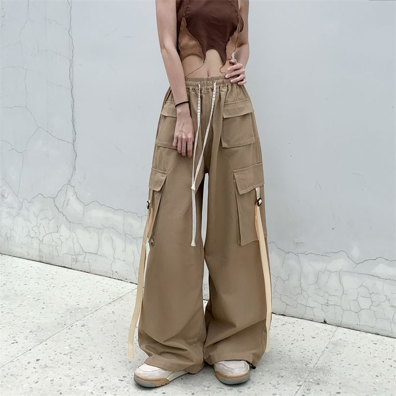 Vhancy - Low Rise Plain Wide Leg Cargo Pants