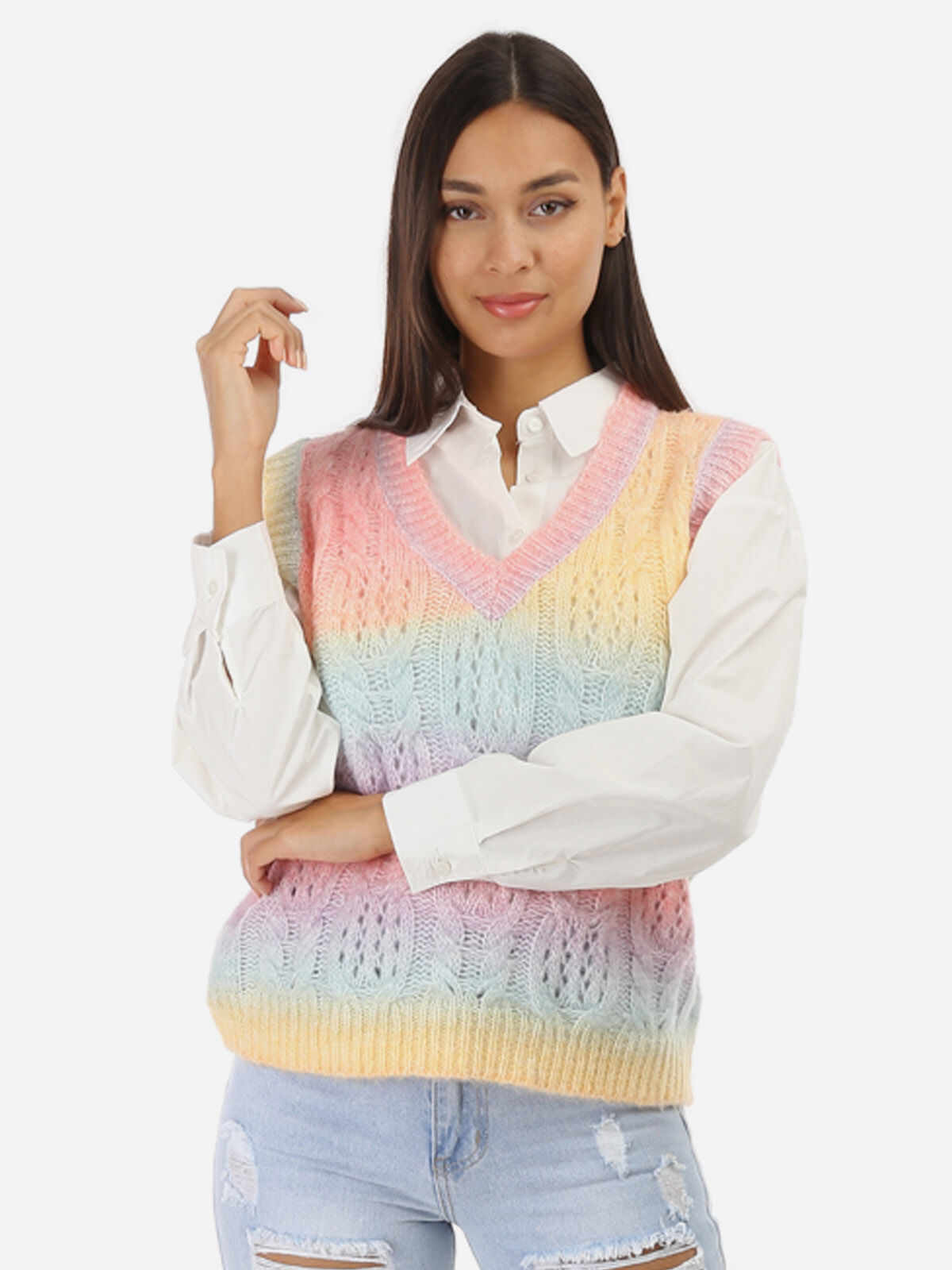Pull sans manches à col V- Rose