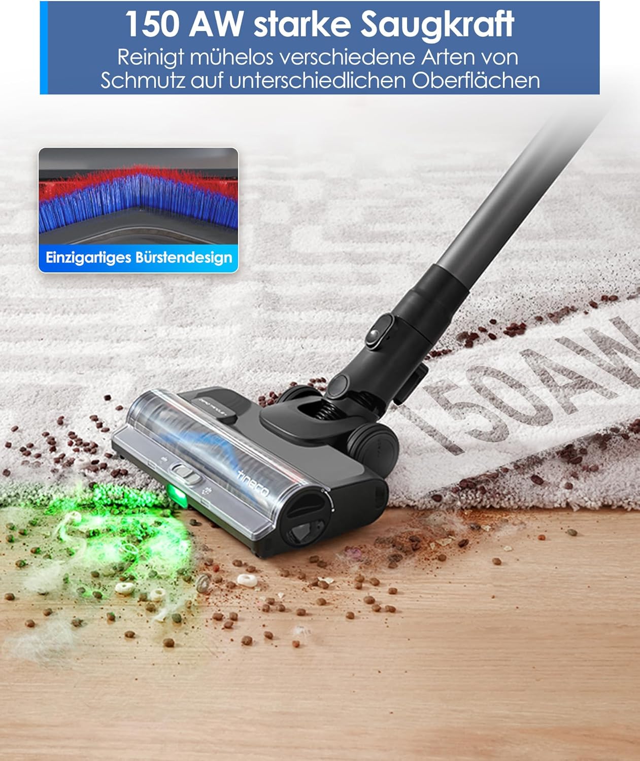 Tineco Pure ONE S50 Kabelloser Akku Staubsauger, 150AW Saugleistung, bis zu 95 Min. Laufzeit, ZeroTangle-Bürste, 120° LED-Licht, Entfernt Mühelos Großschmutz & Tierhaare