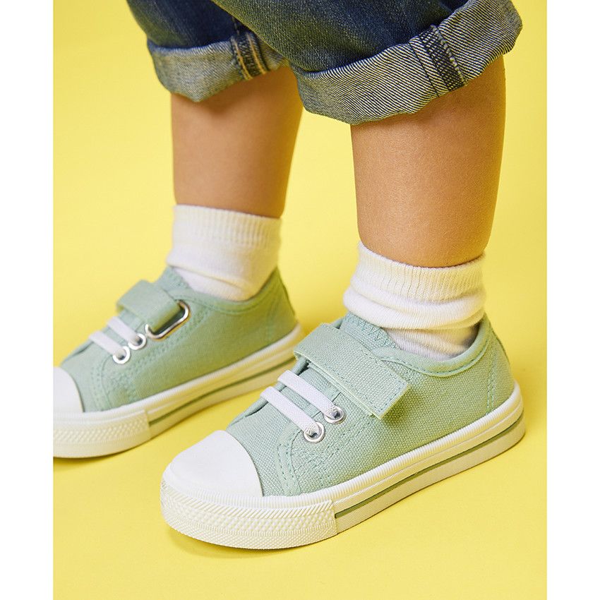 Baskets basses en toile lacets élastiqués et scratch pour bébé garçon - Vert