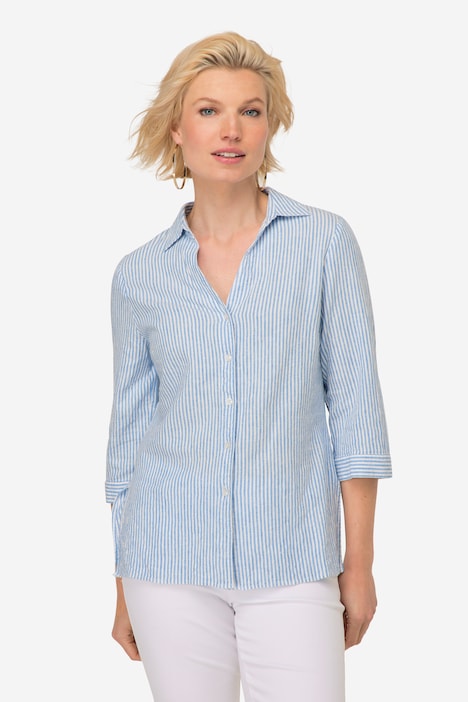 Bluse, Leinenmix, Streifen, Hemdkragen, 3/4-Ärmel