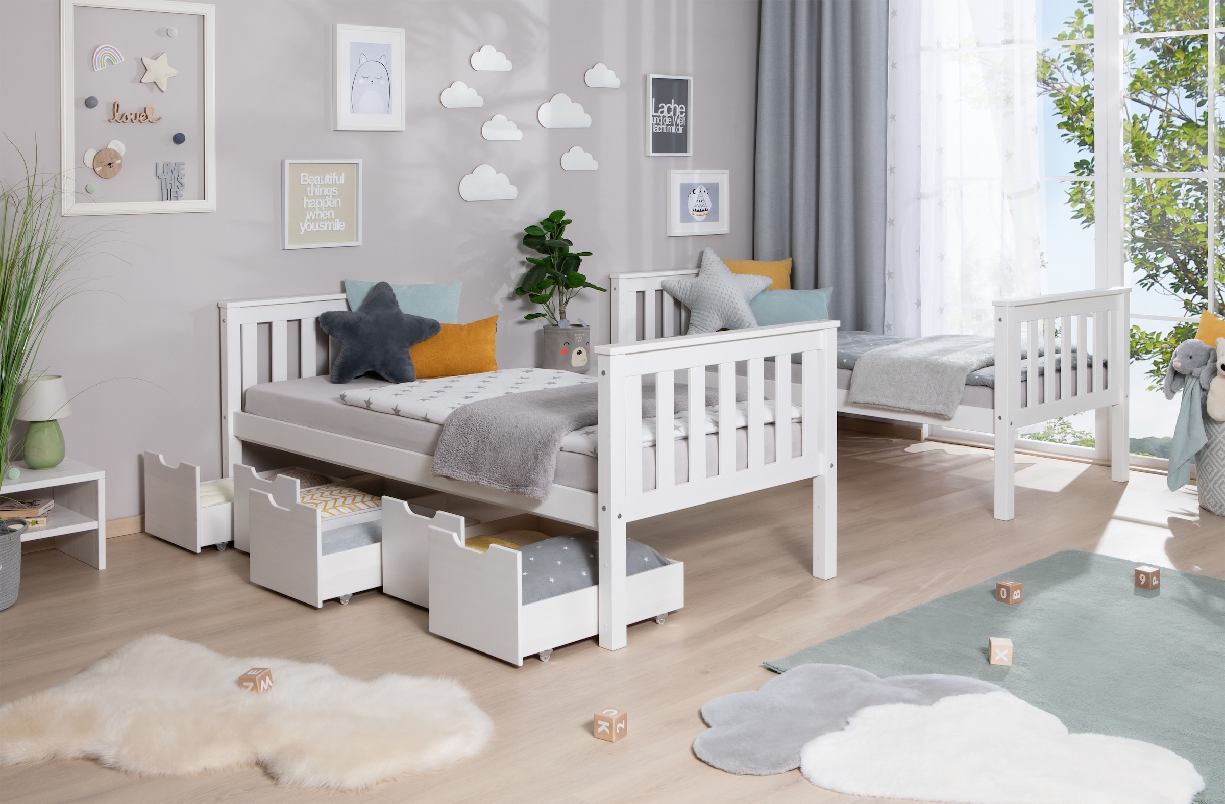 Ticaa Etagenbett »Sammy« 90x200cm,  mit Stauraum, umbaubar zu 2 Einzelbetten, Rollrost, Massivholz