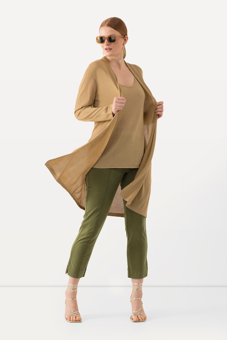 Long-Strickjacke, offene Form, V-Ausschnitt, Stehkragen