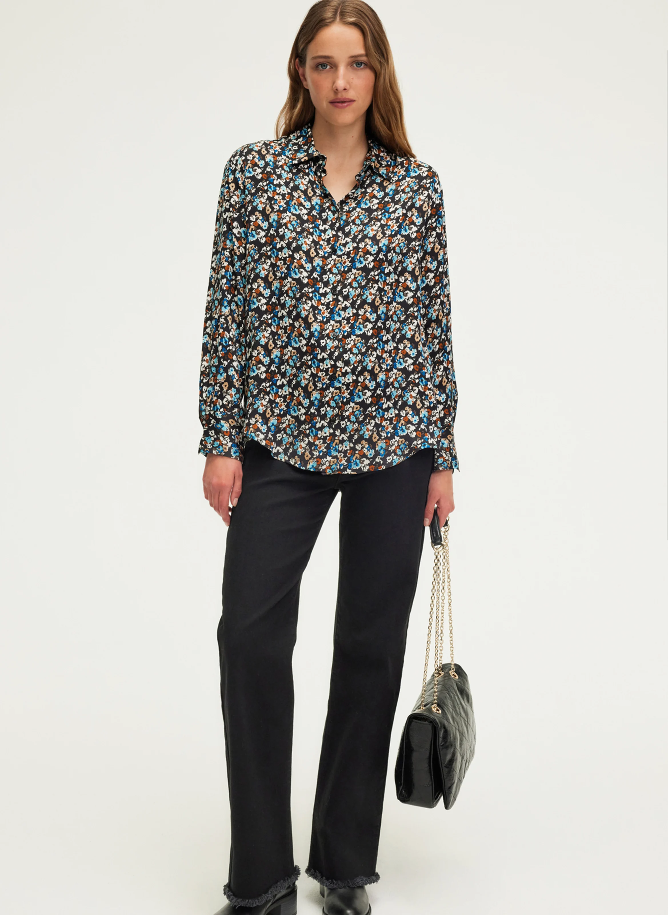 BERNICE - Chemise à fleurs satinée| Noir
