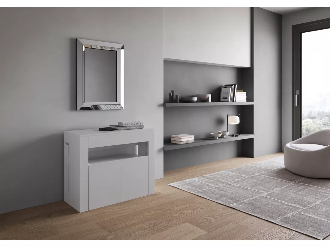 Console extensible 90x42/302 cm Evolve Frêne Blanc rallonges internes avec banc inférieur