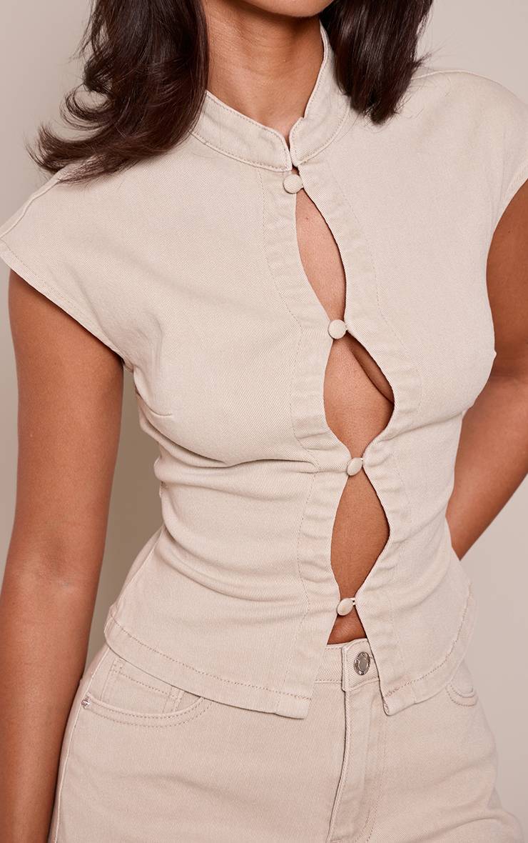 Gris Pierre Top En Denim Col Rond Boutonné Petite