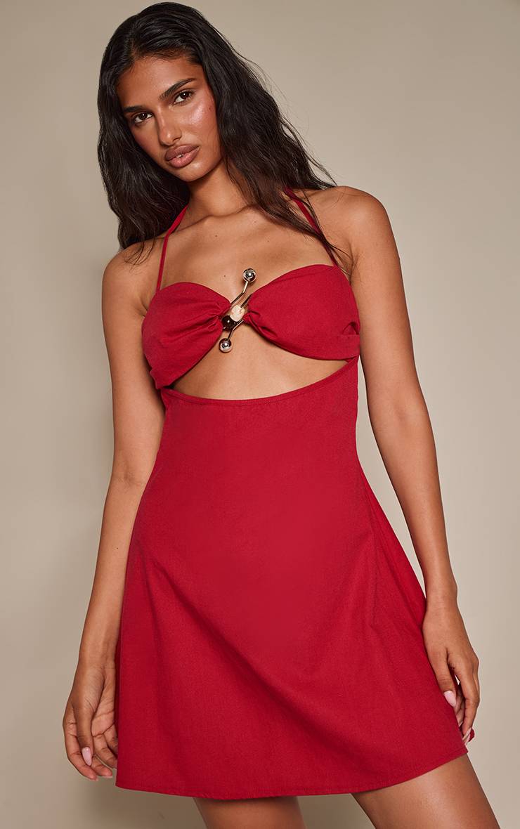 Rouge Profond Robe Droite À Détails Contrastants