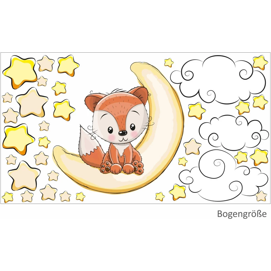 Nikima Wandtattoo 011 Wandtattoo Fuchs sitzt auf Mond Sterne gelb