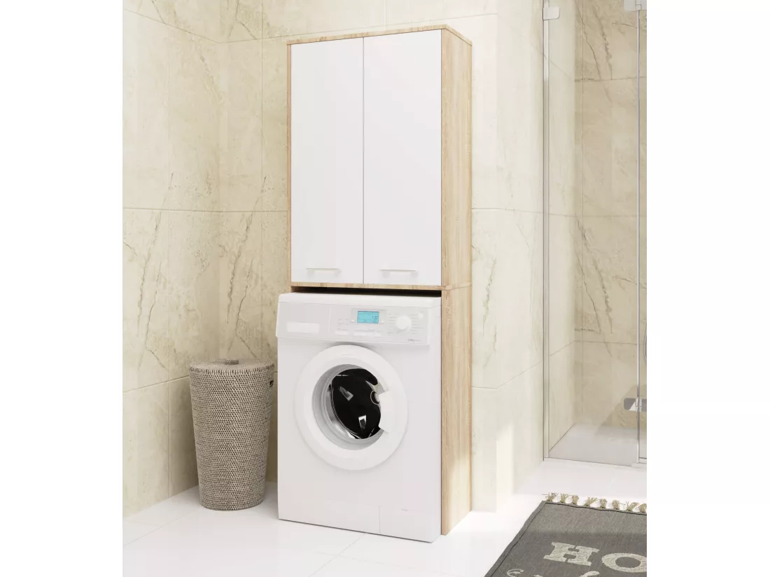 Meuble pour machine à laver FIN Chêne Sonoma 64 cm 2 portes façade Blanche 4 étagères 64x30x180 cm