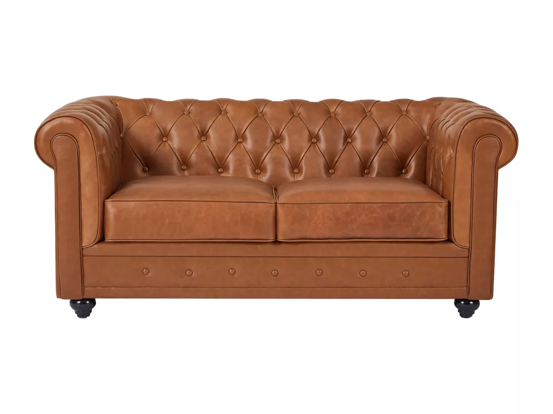 Canapé 2 places en cuir de vachette camel CHESTERFIELD
