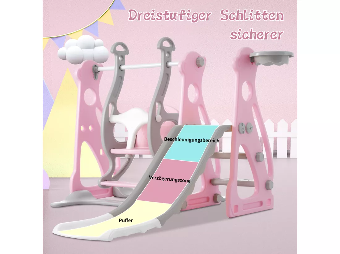 Toboggan balançoire 4 en 1 pour enfants - 113 x 100 x 94cm - en HDPE - avec escaliers et cadre de basket - Rose