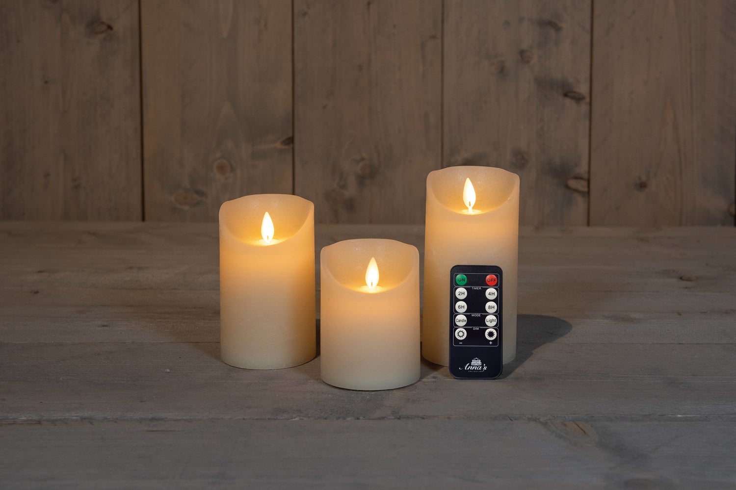 Anna's Collection LED stompkaars met timer Rustiek crème D 7,5 H 10 / 12, 5 / 15 cm 3 stuks