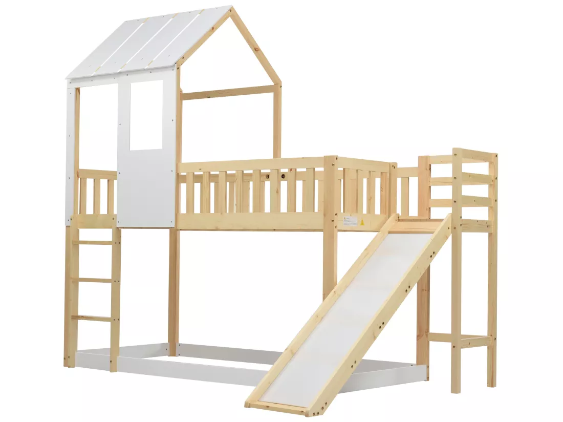 Lit superposé pour enfant 90 x 200 cm avec toboggan + sommier, coloris: naturel et blanc