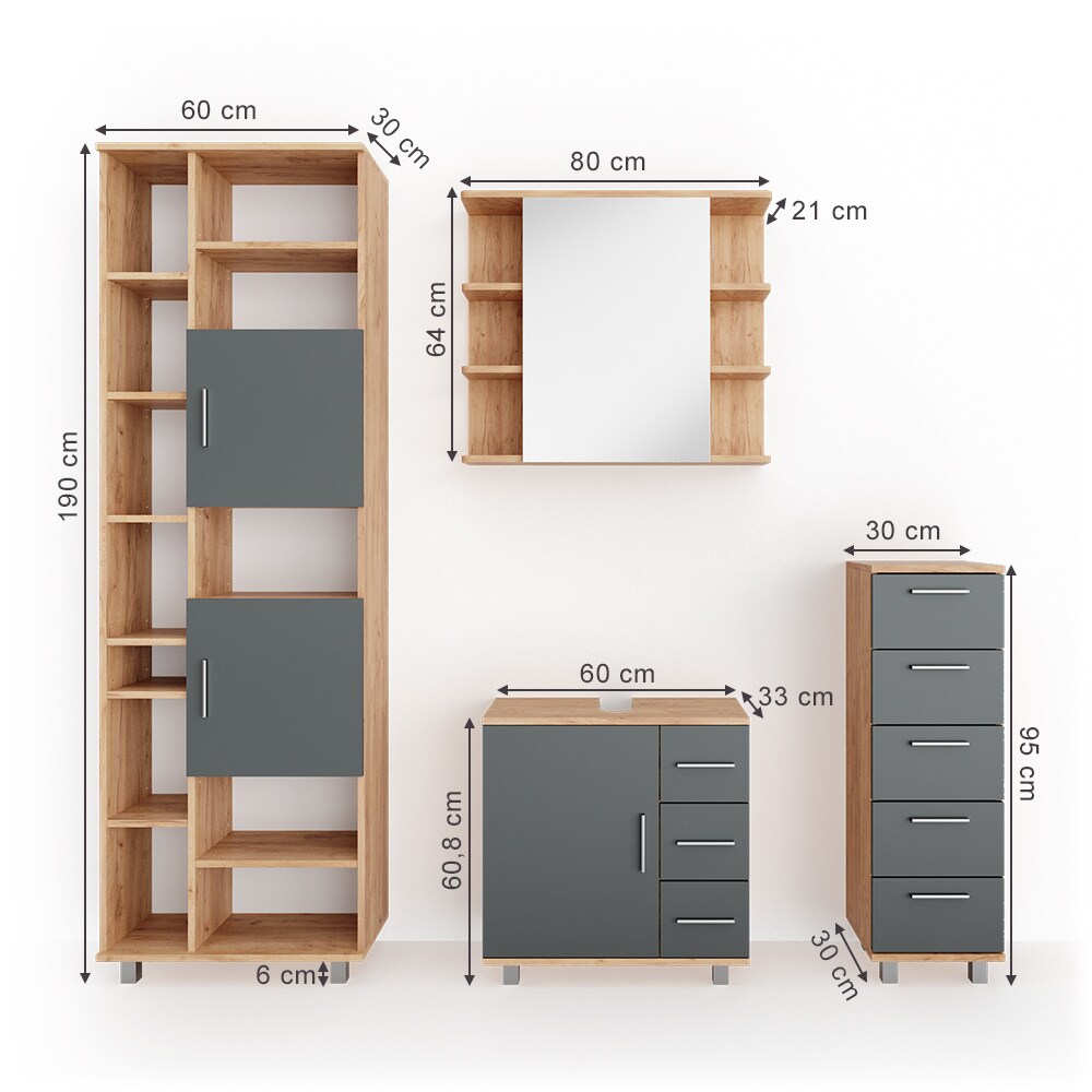 VICCO Badmöbel Set ILIAS Eiche Anthrazit Spiegel Kommode Unterschrank Badschrank