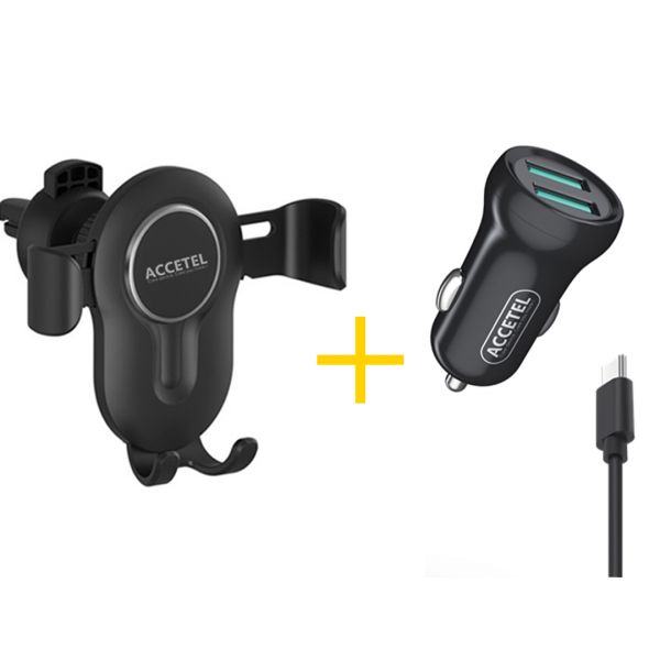 Accetel Pack Auto Suporte SP118   Cabo Type C   Carregador para Apple iPhone 16 Plus CC266 2X USB 2.4A Preto